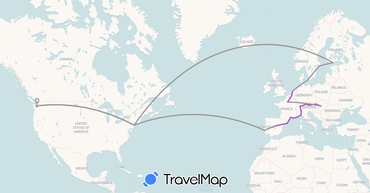 TravelMap itinerary: driving, plane, train in Austria, Belgium, Switzerland, Germany, Denmark, Spain, Finland, France, Hungary, Italy, Monaco, Netherlands, Portugal, Sweden, United States (Europe, North America)